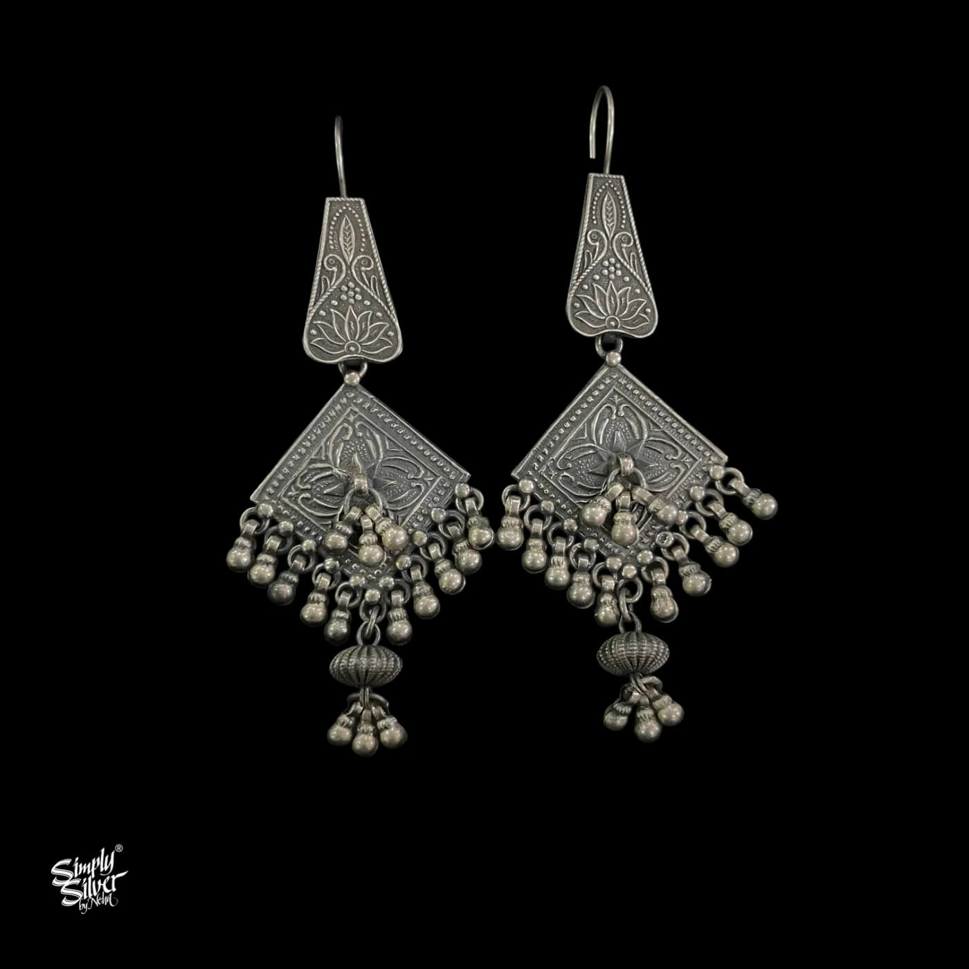 Silver Statement Long Square Floral with Ghungroos-1