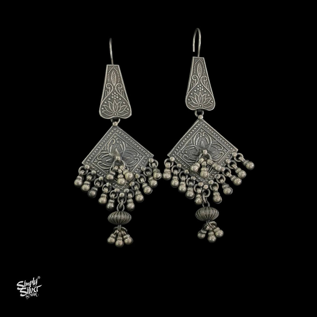 Silver Statement Long Square Floral with Ghungroos-1