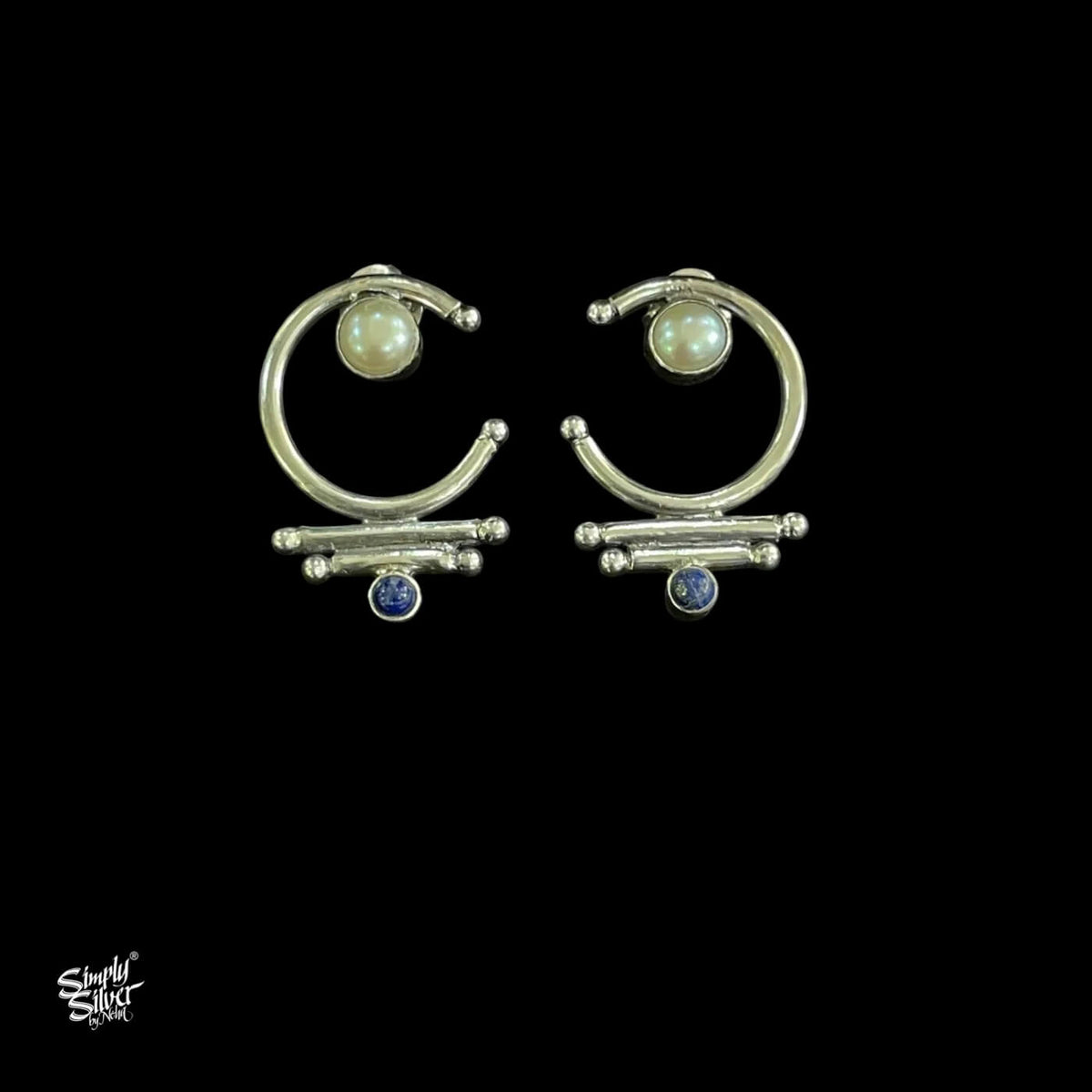 Silver Designer Pearl & Blue Stone Studs - MH5977