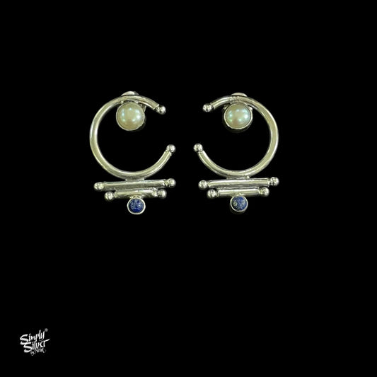 Silver Designer Pearl & Blue Stone Studs - MH5977