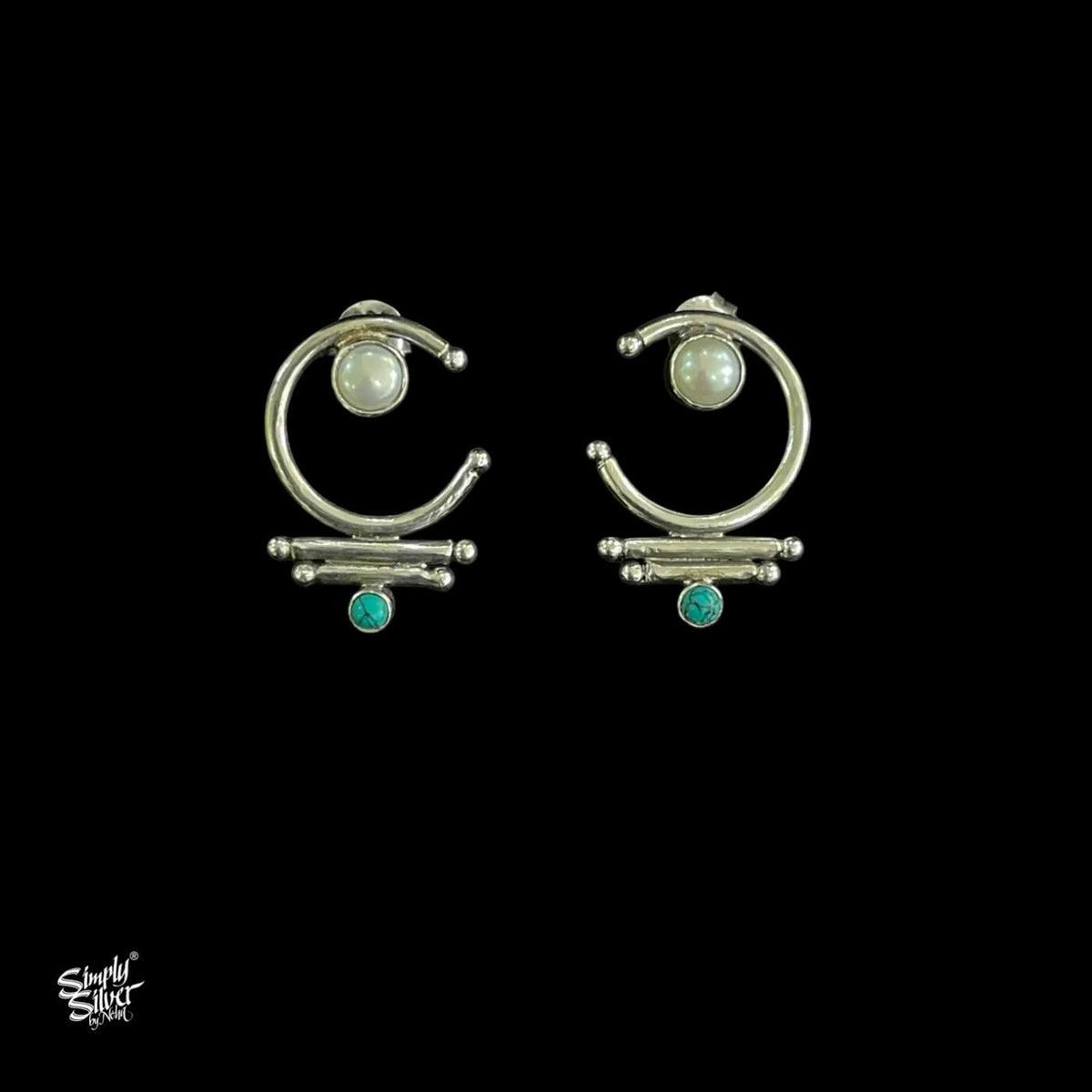 Silver Designer Pearl & Turquoise Stone Studs - MH5978