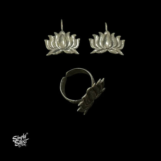 Silver-Lotus-Flower-Earrings-and-Ring-Set-MH6003-1