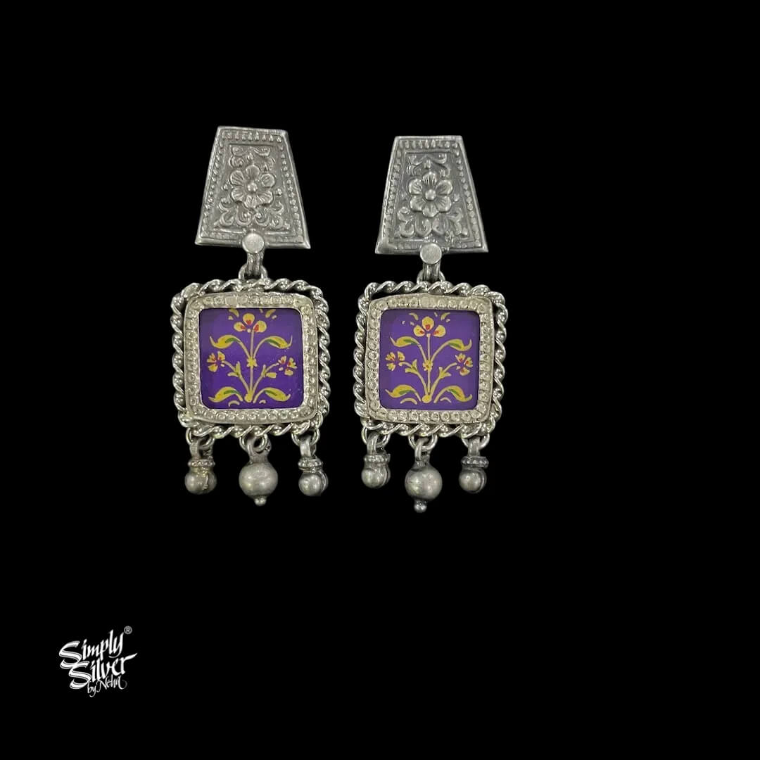 Silver-Flower-Studs-with-Hand-Painted-Purple-Glass-with-Ghungroos-MH6036-1
