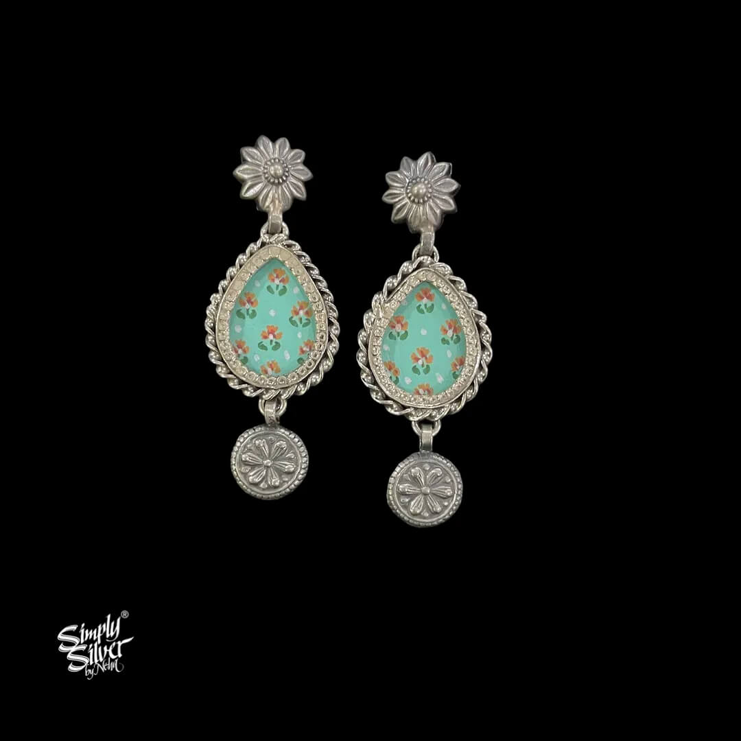 Silver-Flower-Studs-with-Hand-Painted-Aqua-Color-Glass-and-Danger-MH6037-1