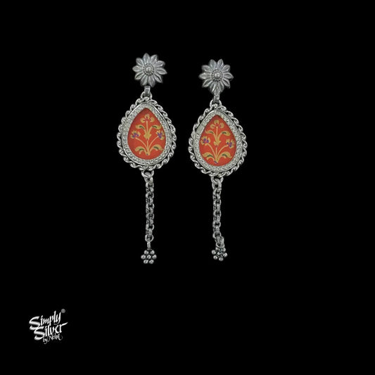 Silver-Flower-Studs-with-Hand-Painted-Orange-Glass-and-Long-Chain-Danger-MH6039-1
