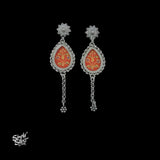 Silver-Flower-Studs-with-Hand-Painted-Orange-Glass-and-Long-Chain-Danger-MH6039-1