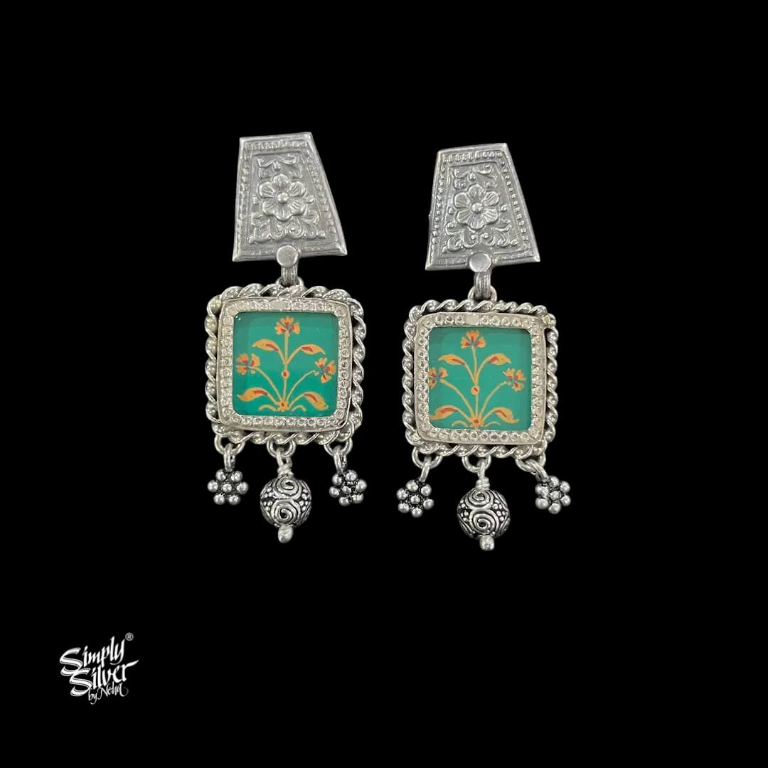 Silver-Flower-Studs-wuth-Hand-Painted-Square-Jade-Green-Glass-and-Dangers-MH6040-1