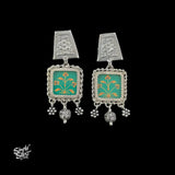 Silver-Flower-Studs-wuth-Hand-Painted-Square-Jade-Green-Glass-and-Dangers-MH6040-1