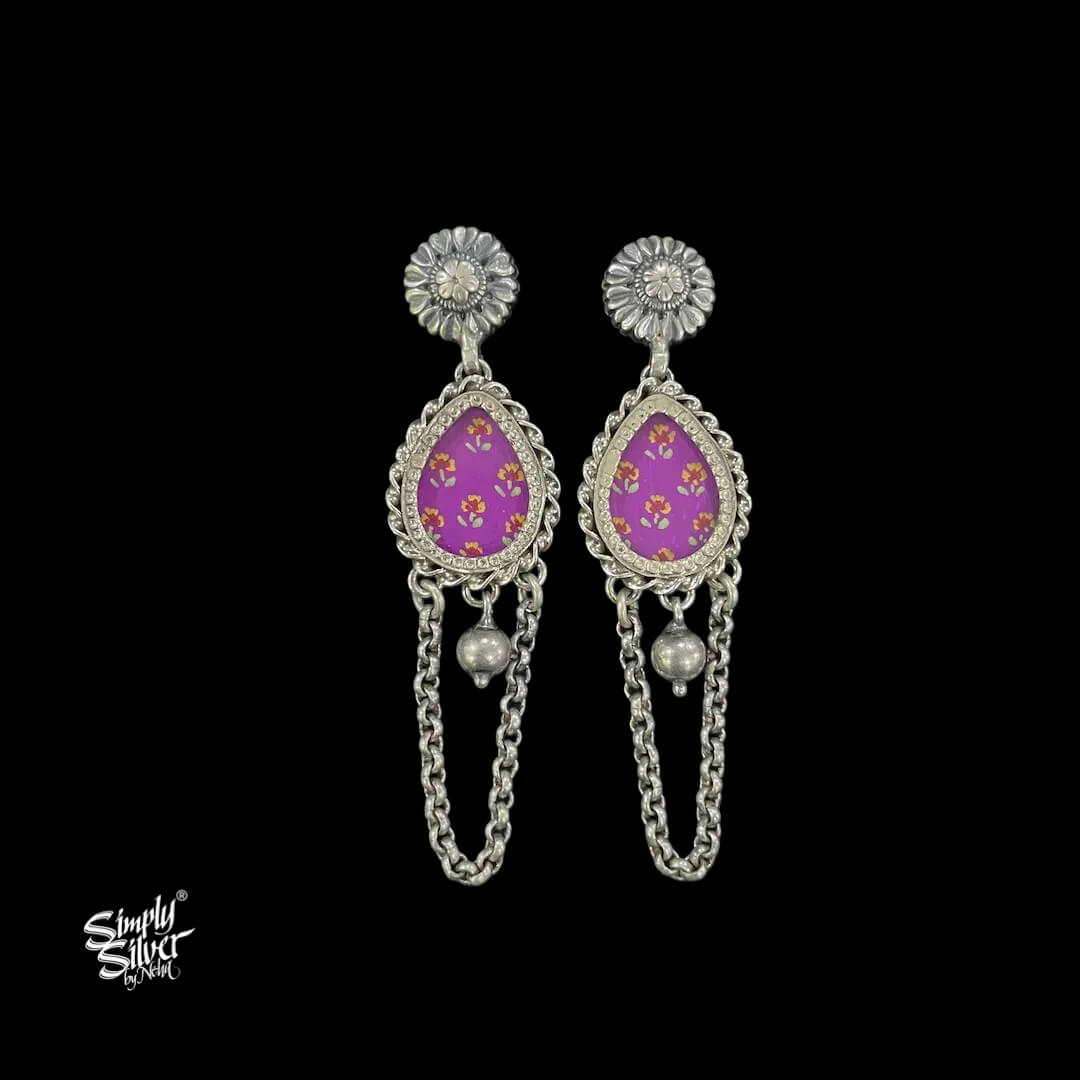 Silver-Flower-Studs-with-Hand-Painted-Purple-Glass-and-Long-Chain-Dangler-MH6042-1