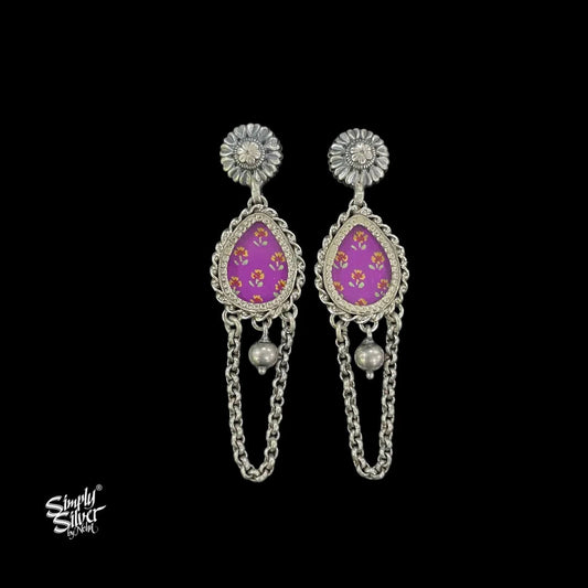 Silver-Flower-Studs-with-Hand-Painted-Purple-Glass-and-Long-Chain-Dangler-MH6042-1