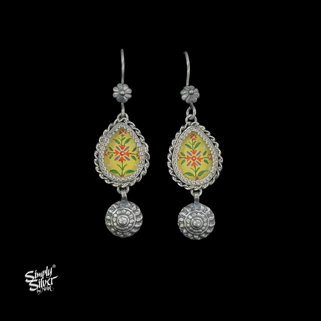 Silver-Flower-Hooks-with-Hand-Painted-Yellow-Glass-and-Dangler-MH6043-1