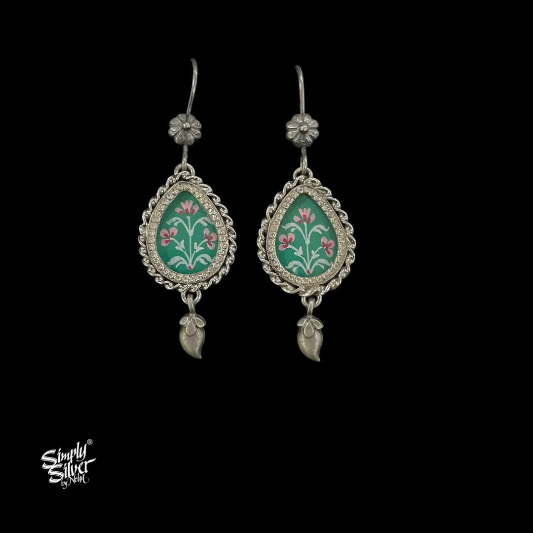 Silver-Flower-Hooks-with-Hand-Painted-Jade-Green-Glass-and-Ambi-Dangler-MH6044-1