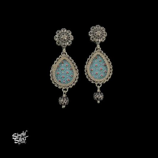 Silver-Flower-Studs-with-Hand-Painted-Aqua-Glass-and-Bead-MH6046-1