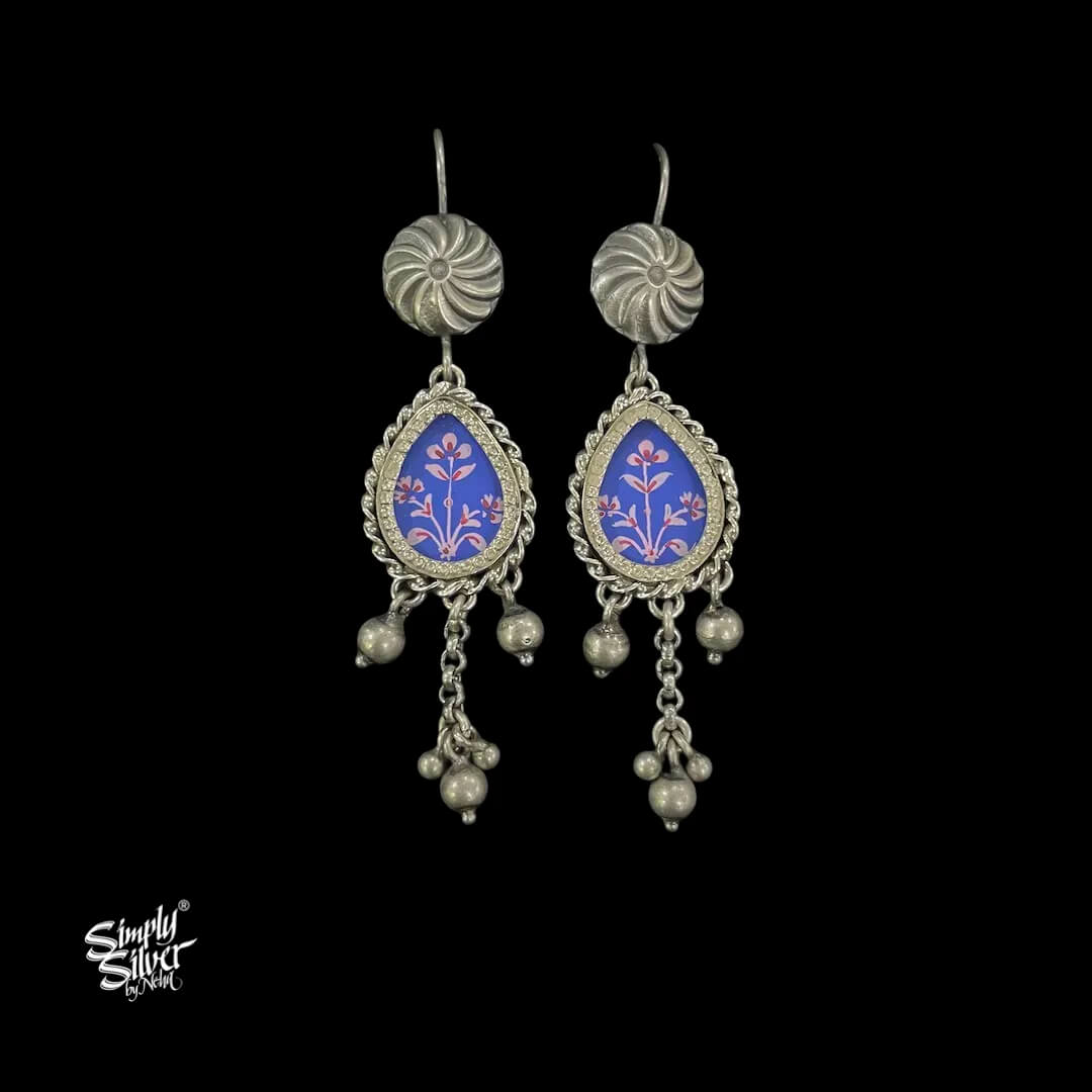 Silver-Flower-Hooks-with-Hand-Painted-Blue-Glass-and-Chain-Ghungroos-Dangler-MH6048-1