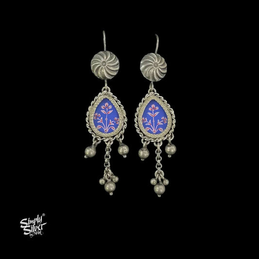 Silver-Flower-Hooks-with-Hand-Painted-Blue-Glass-and-Chain-Ghungroos-Dangler-MH6048-1
