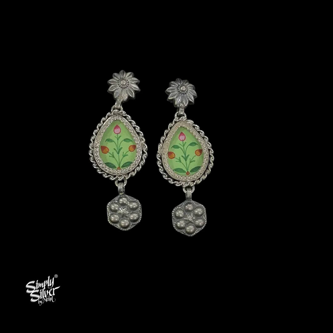 Silver-Flower-Studs-with-Hand-Painted-Mint-Green-Glass-and-Dangler-MH6053-1