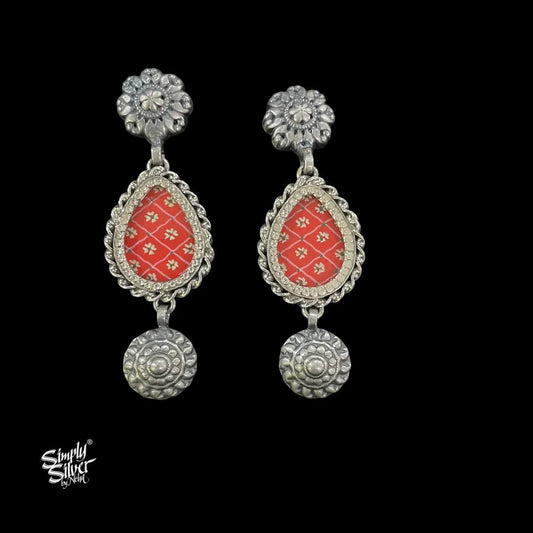 Silver-Flower-Studs-with-Hand-Painted-Red-Glass-and-Dangler-MH6054-1