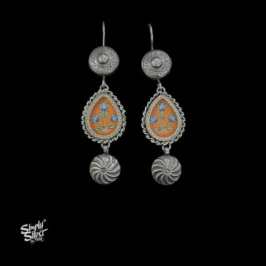 Silver-Flower-Hooks-with-Hand-Painted-Orange-Glass-and-Dangler-MH6055-1
