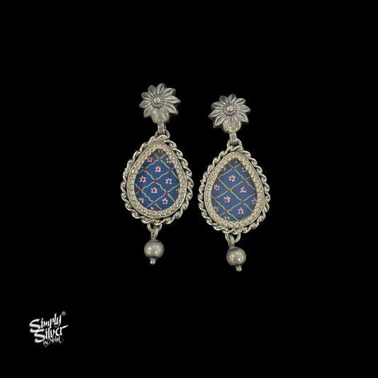 Silver-Flower-Studs-with-Hand-Painted-Blue-Glass-and-Bead-MH6056-1
