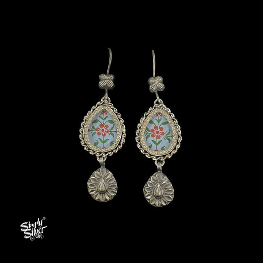 Silver-Flower-Hooks-with-Hand-Painted-Aqua-Blue-Glass-and-Dangler-MH6057-1