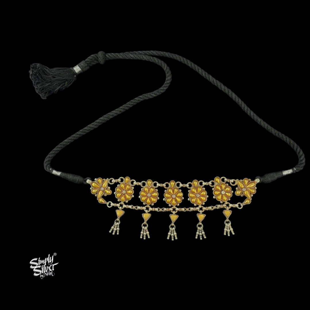 Bandhel Silver Dual Tone Flower with Small Ghungroos Choker-1
