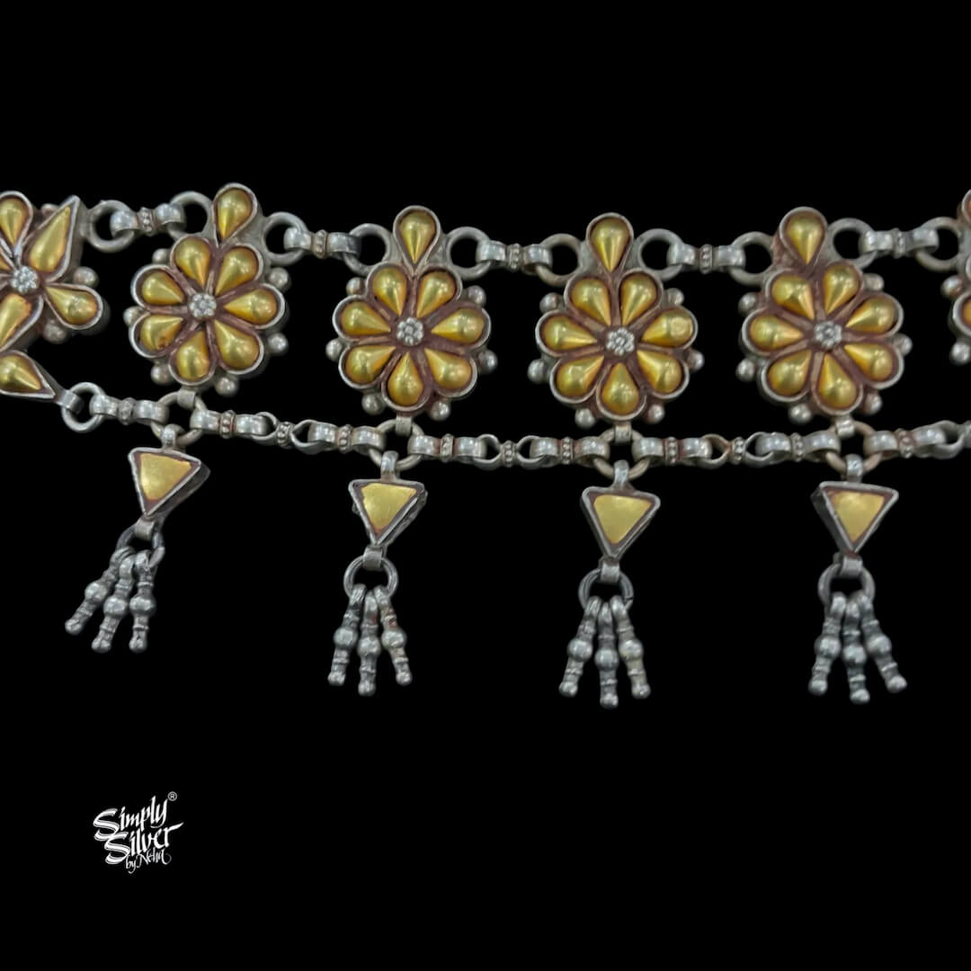 Bandhel Silver Dual Tone Flower with Small Ghungroos Choker-3