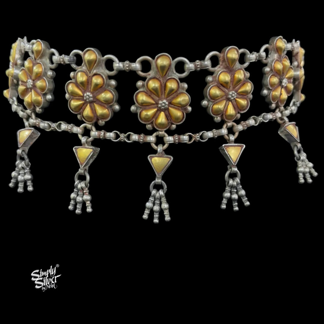 Bandhel Silver Dual Tone Flower with Small Ghungroos Choker-4
