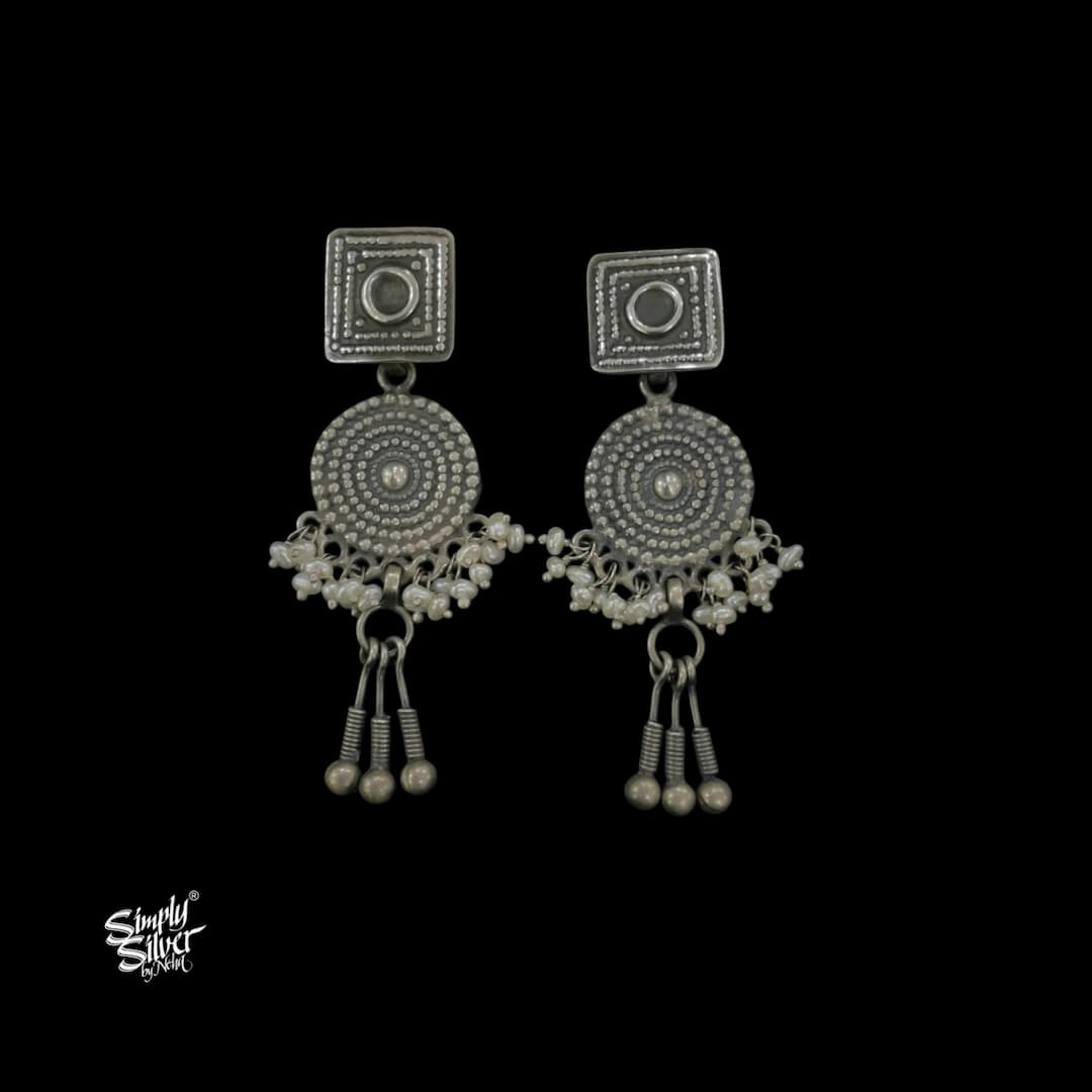 Silver Square Studs with Round & Pearls-1