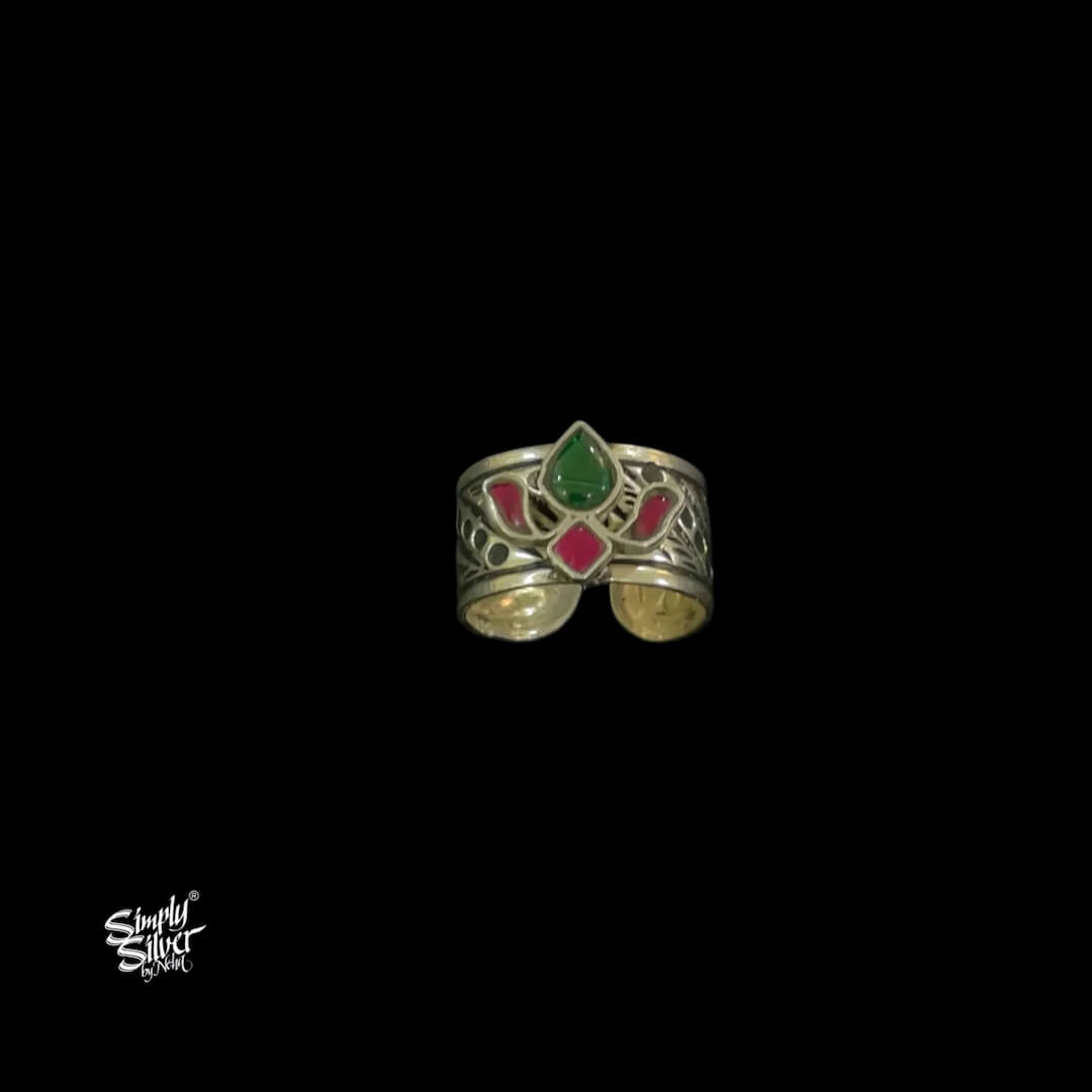 Silver Green & Pink Kundan Flower Ring-1