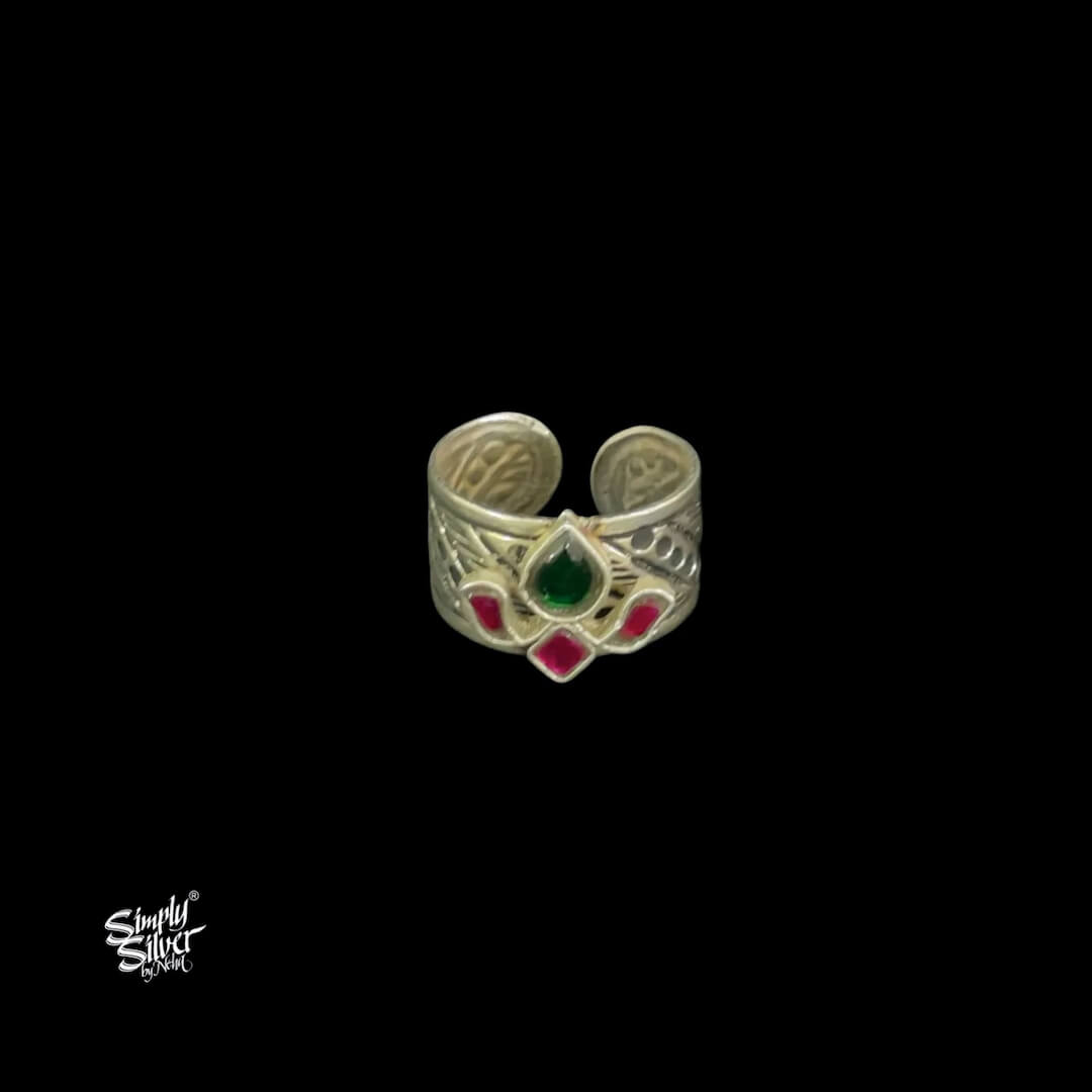 Silver Green & Pink Kundan Flower Ring-2