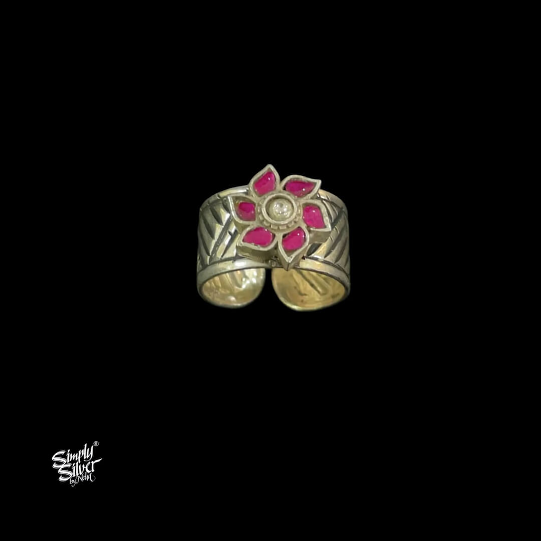 Silver White & Pink Kundan Flower Ring-1