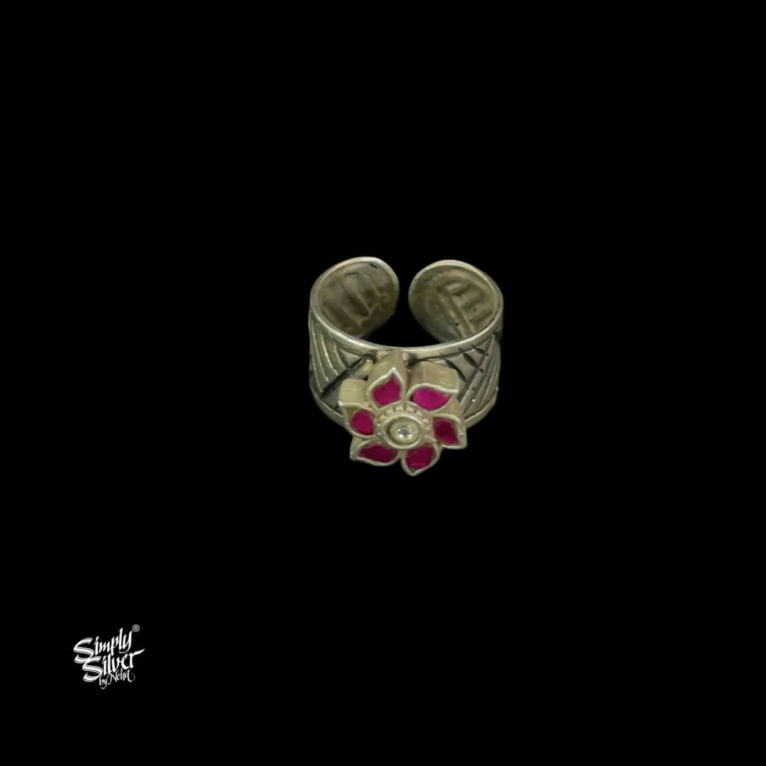 Silver White & Pink Kundan Flower Ring-2