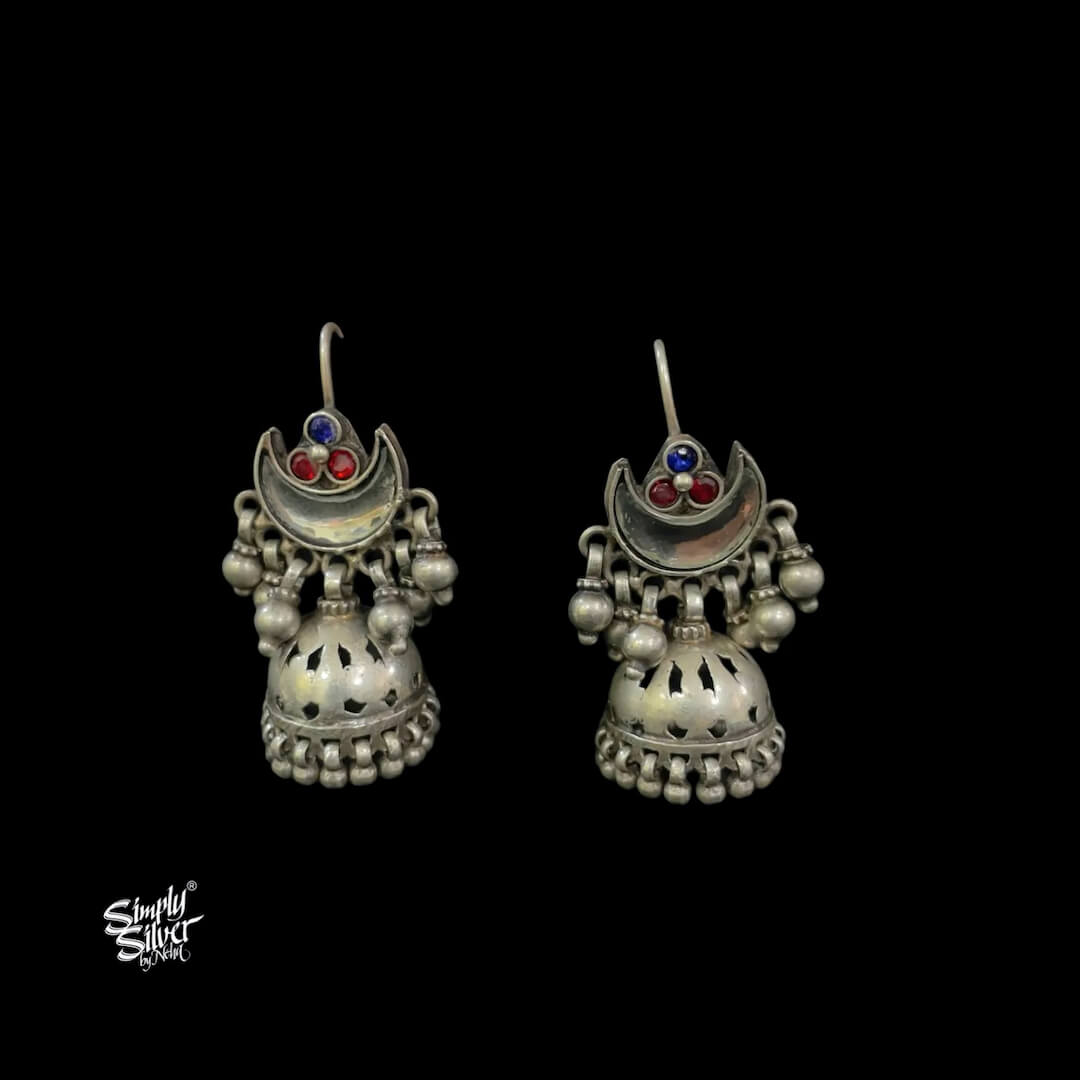 Silver Multi Color Stone with Mirror Chaand & Jaali Jhumka-1