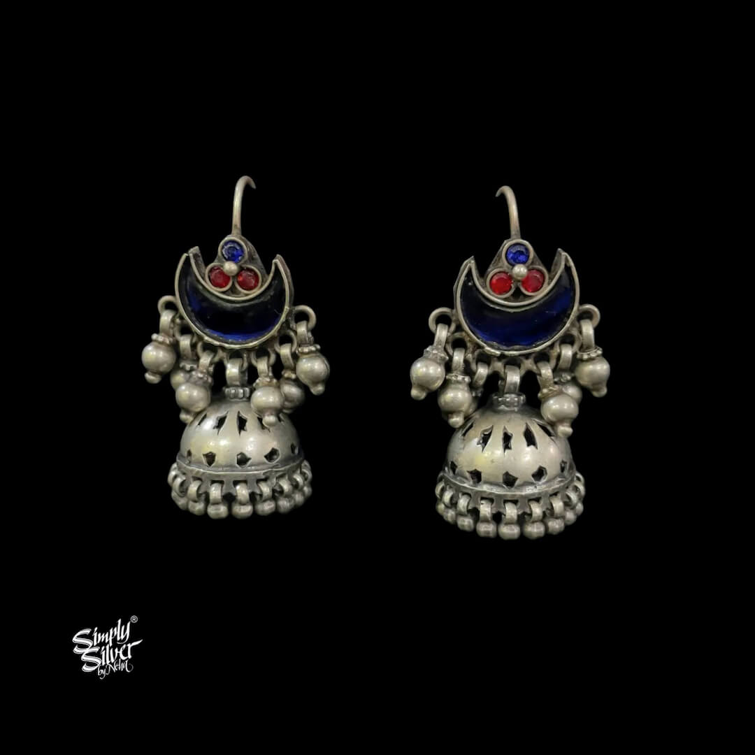 Silver Multi Color Stone with Blue Glass Chaand & Jaali Jhumka-1