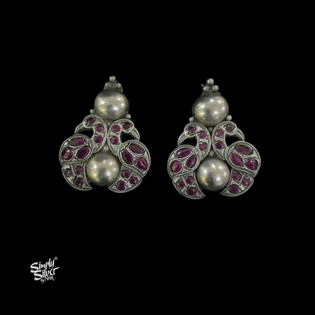 Silver Temple Earrings with Dark Pink Kundan Peacocks-1