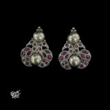 Silver Temple Earrings with Dark Pink Kundan Peacocks-1