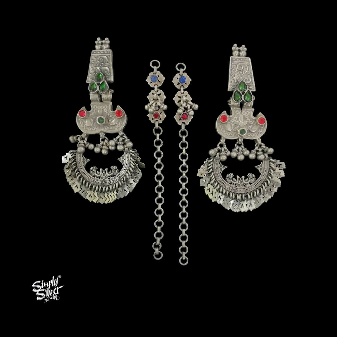 Silver Long Statement Peacocks Chaand Bali with Multi Color Stone & Ear Chain-1