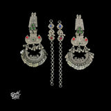 Silver Long Statement Peacocks Chaand Bali with Multi Color Stone & Ear Chain-1