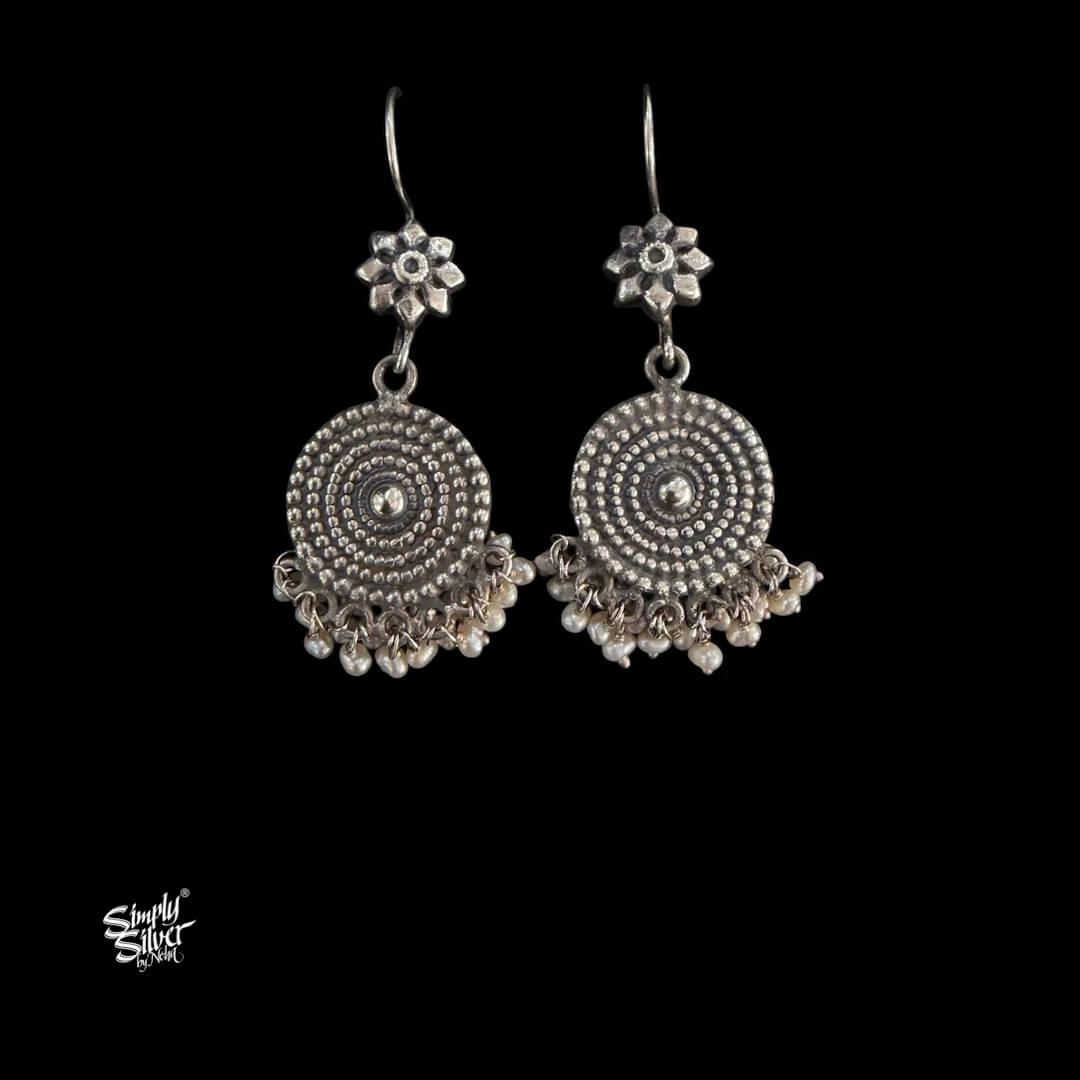 Silver Flower Hooks with Round & Pearls Danglers-MH6081