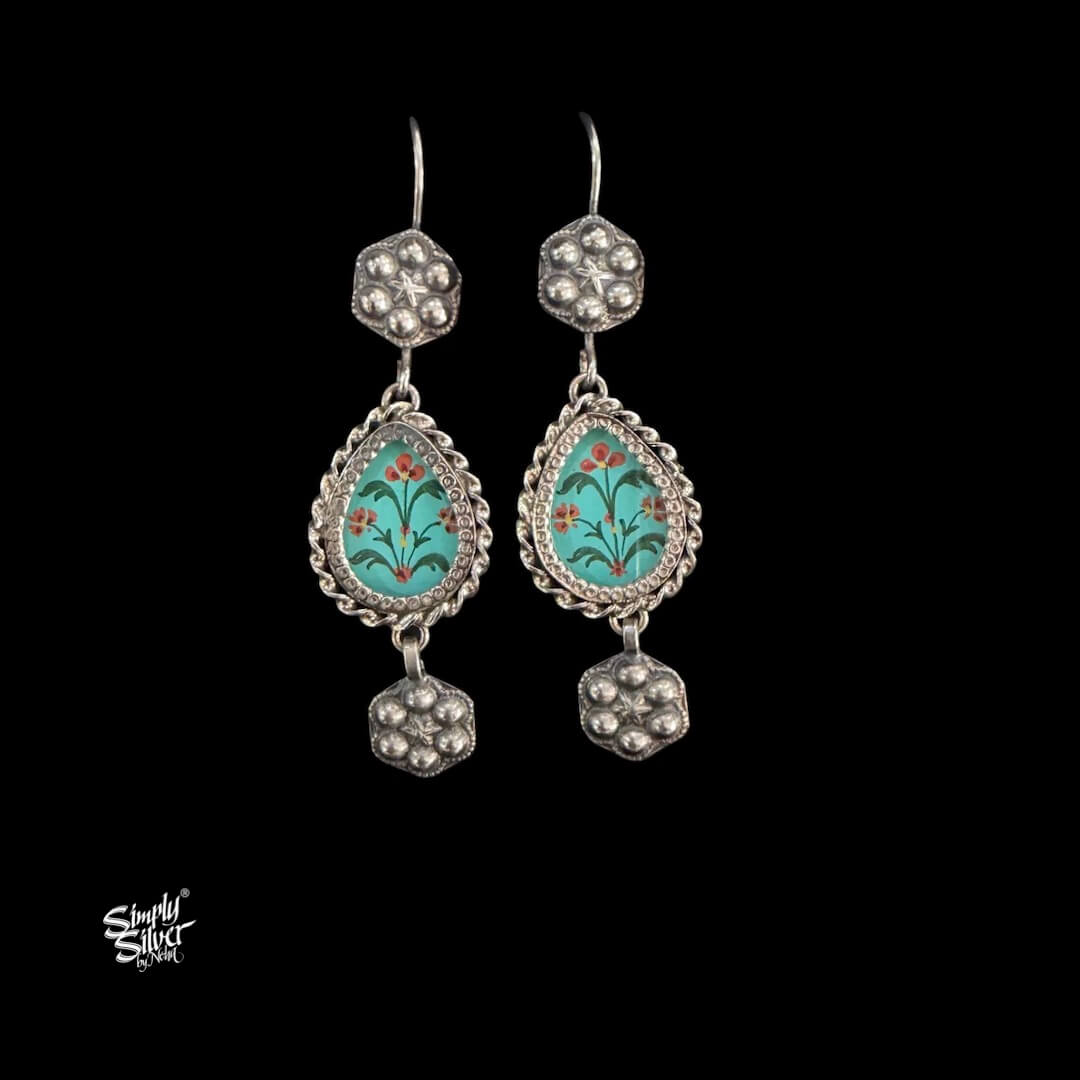 Silver Flower Hooks with Hand Painted Aqua Color Glass & Dangler-MH6082