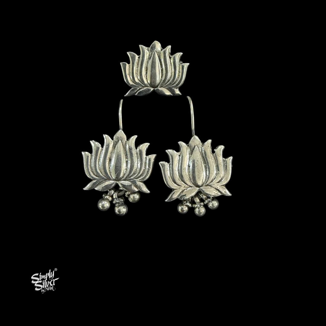 Silver Lotus Earrings & Ring Set-MH6088
