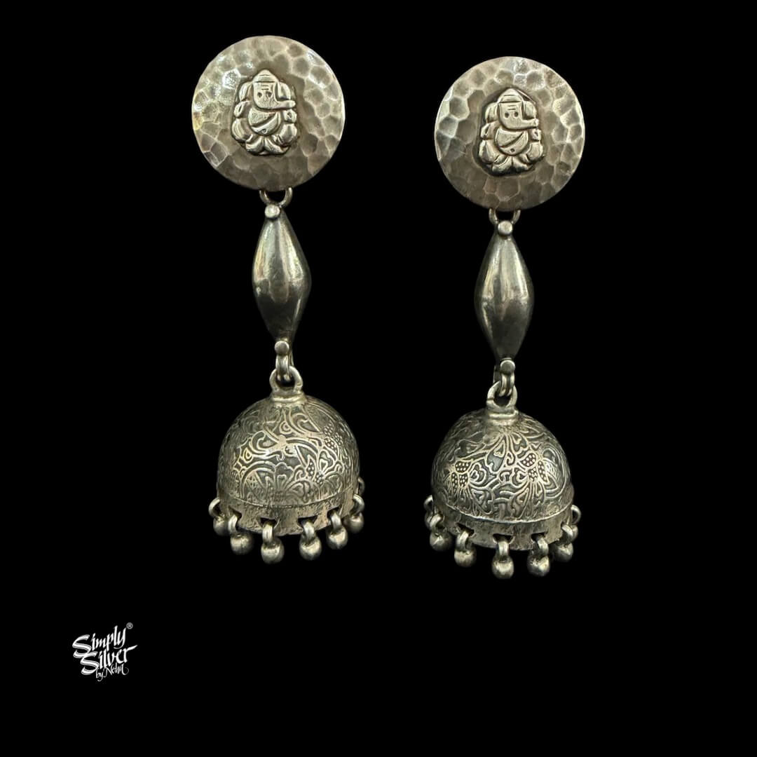 Silver Round Ganesh Ji with Long Floral Jhumka-MH6098