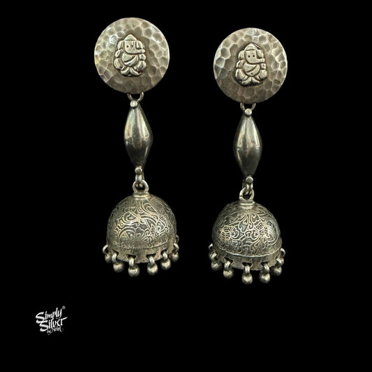Silver Round Ganesh Ji with Long Floral Jhumka-MH6098