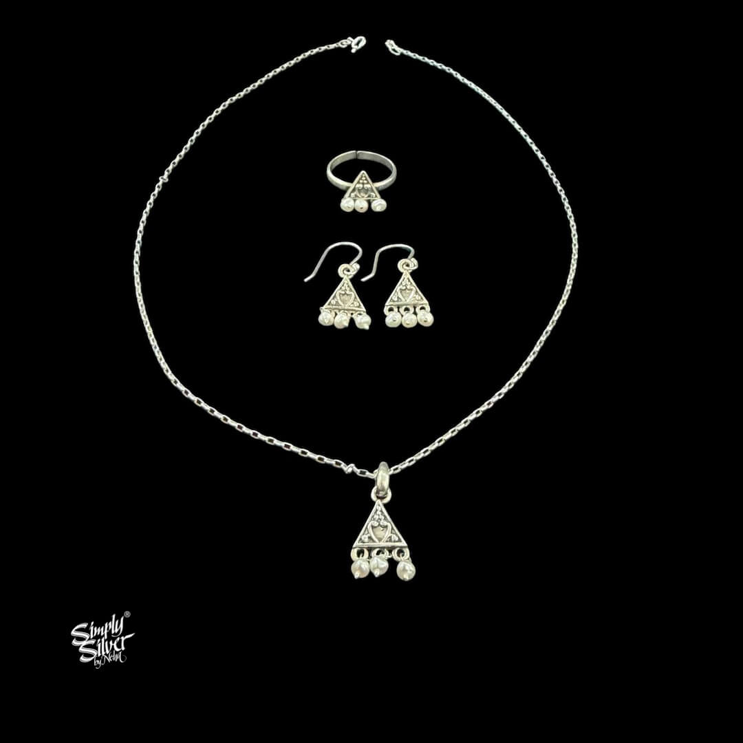 Silver Designer Pearl Earrings, Ring & Chain Necklace Set - MH6099