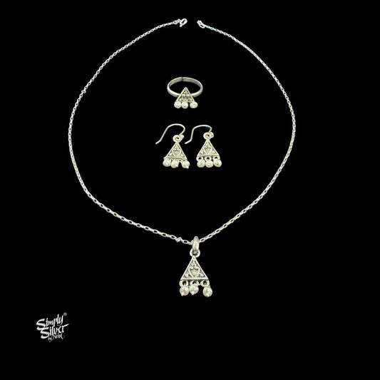 Silver Designer Pearl Earrings, Ring & Chain Necklace Set - MH6099