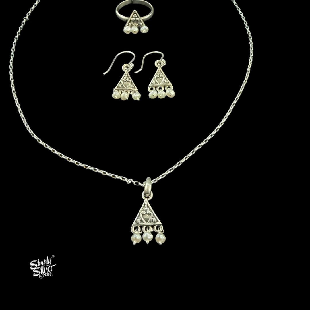Silver Designer Pearl Earrings, Ring & Chain Necklace Set - MH6099