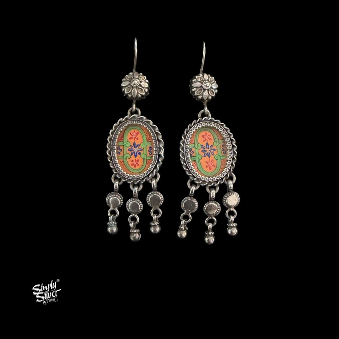 Silver Flower Hook with Oval Hand Painted Glass & Ghungroos Danglers-MH6100
