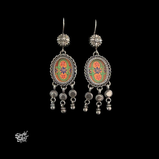 Silver Flower Hook with Oval Hand Painted Glass & Ghungroos Danglers-MH6100
