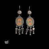 Silver Flower Hook with Oval Hand Painted Glass & Ghungroos Danglers-MH6100