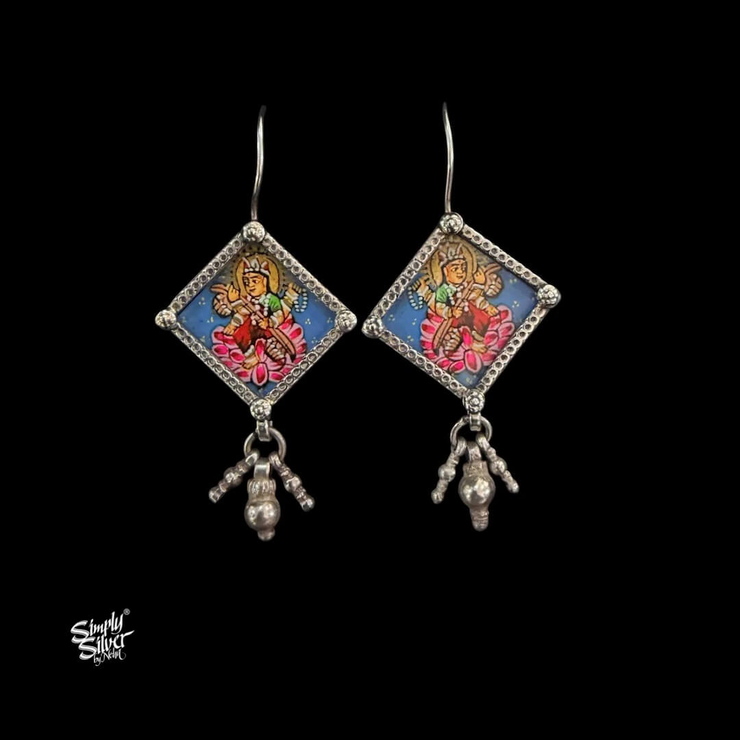 Silver Hooks with Hand Painted Goddess Saraswati Ji & Ghungroos Danglers-MH6102